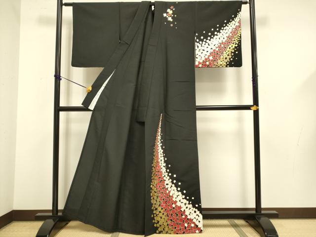 平和屋着物▽訪問着　単衣　箔散らし文　黒地　金銀彩　洗える着物　DABF5615du