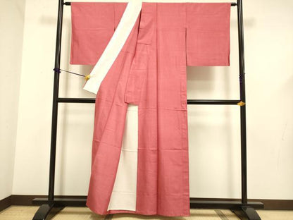 平和屋着物▽上質な紬　単衣　色無地　濃い銀朱色　正絹　逸品　DABF5617du