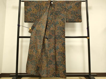 平和屋着物▽小紋　単衣　更紗花文　洗える着物　DABF5620du