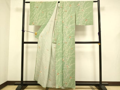 平和屋着物▽上質な小紋　単衣　雪輪花文　鬼しぼ縮緬　正絹　逸品　DABF5621du