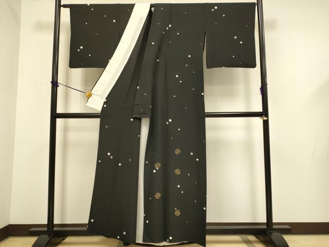 平和屋着物▽訪問着　単衣　丸文　黒地　金糸　正絹　逸品　DABF5631du