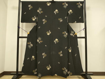 平和屋着物▽上質な小紋　単衣　草葉文　正絹　逸品　DABF5632du