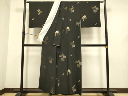 平和屋着物▽上質な小紋　単衣　草葉文　正絹　逸品　DABF5632du