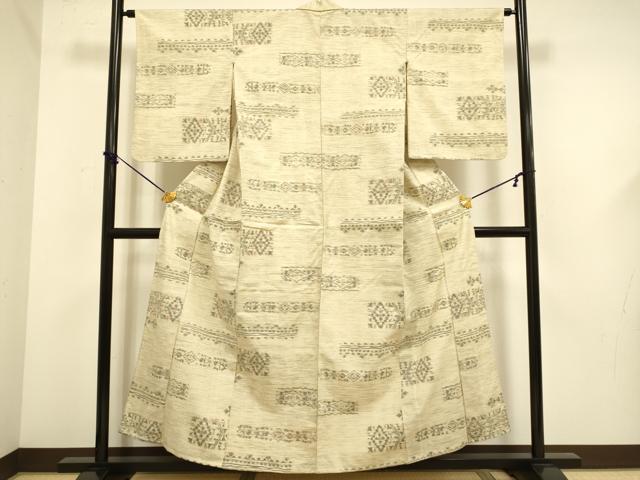 平和屋着物▽上質な紬　単衣　横段花菱文　正絹　逸品　DABF5634du