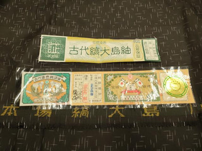 平和屋着物▽本場縞大島紬　単衣　古代染色純泥染　絣文様　証紙付き　正絹　逸品　未使用　DABF5635du