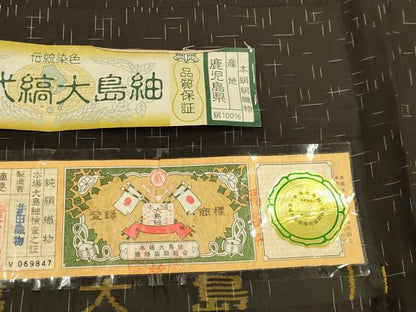 平和屋着物▽本場縞大島紬　単衣　古代染色純泥染　絣文様　証紙付き　正絹　逸品　未使用　DABF5635du