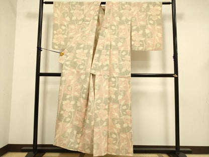 平和屋着物▽本塩沢　単衣　草花文　正絹　逸品　DABF5641du