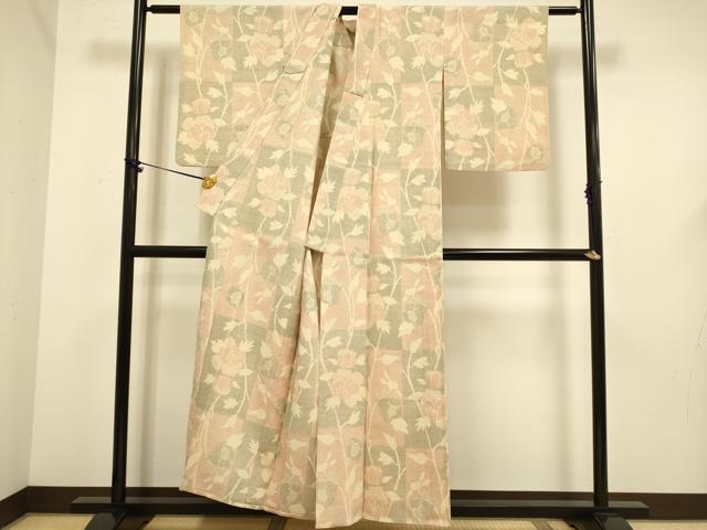 平和屋着物▽本塩沢　単衣　草花文　正絹　逸品　DABF5641du