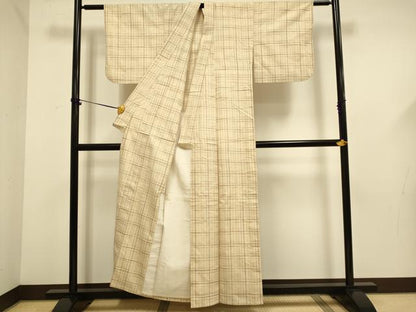 平和屋着物▽上質な紬　単衣　格子　正絹　逸品　DABF5646du