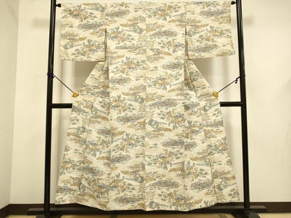 平和屋着物▽上質な紬　単衣　風景文　正絹　逸品　DABF5647du