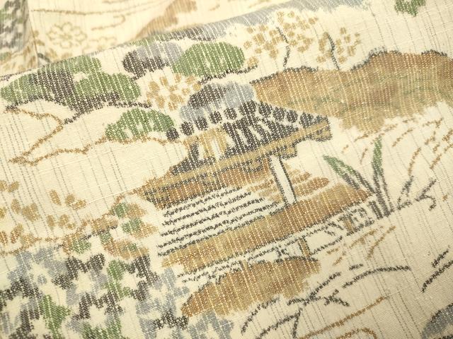 平和屋着物▽上質な紬　単衣　風景文　正絹　逸品　DABF5647du