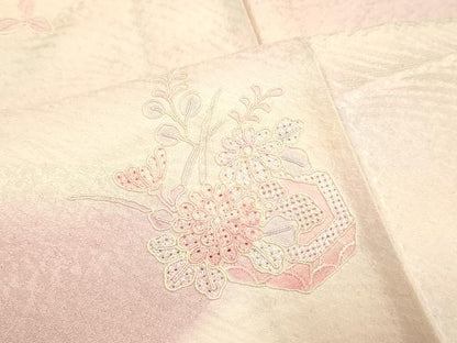 平和屋着物▽中国三大刺繍　スワトウ刺繍　汕頭刺繍　総刺繍　訪問着　単衣　貝桶花文　暈し染め　正絹　逸品　DABF5648du