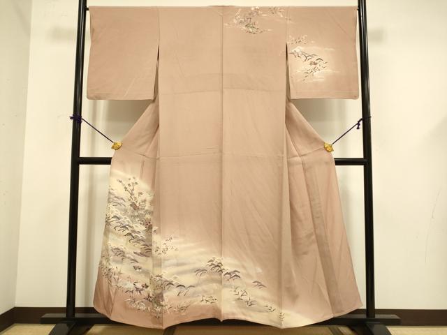 平和屋着物▽訪問着　単衣　飛鶴風景鴛鴦松文　暈し染め　金銀彩　正絹　逸品　DABF5653du