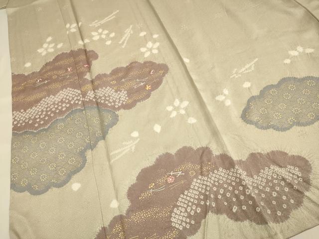 平和屋着物▽訪問着　単衣　刺繍　絞り　雲取花文　金彩　正絹　逸品　DABF5668du