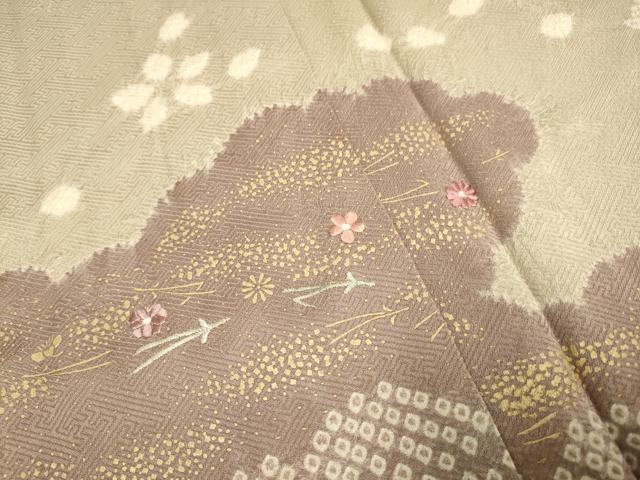 平和屋着物▽訪問着　単衣　刺繍　絞り　雲取花文　金彩　正絹　逸品　DABF5668du