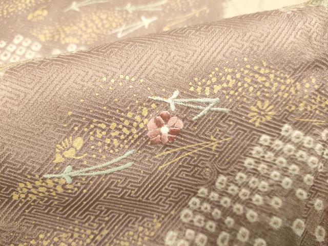 平和屋着物▽訪問着　単衣　刺繍　絞り　雲取花文　金彩　正絹　逸品　DABF5668du