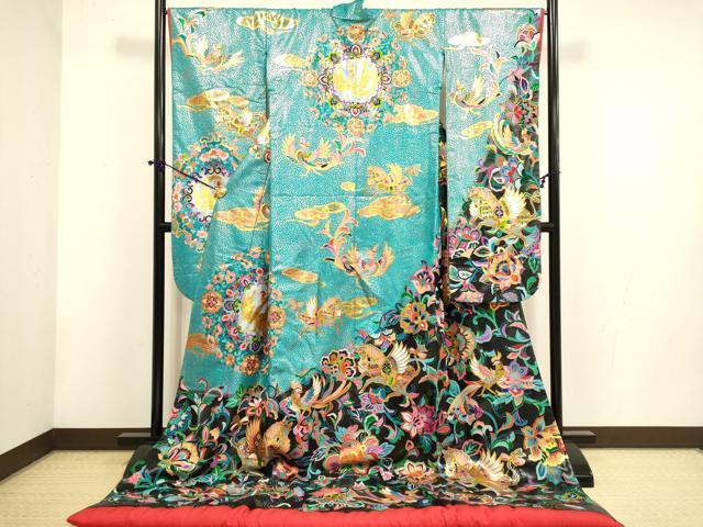 平和屋本店●本手描友禅作家　秋山章　色打掛　お引きずり　婚礼　結婚式　和装　花嫁　神社挙式　金銀彩　鳳凰更紗花文　逸品　DABF5690du