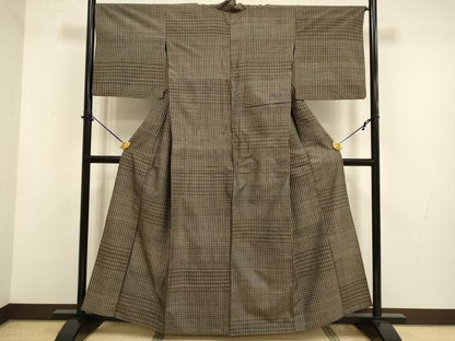 平和屋着物▽上質な紬　単衣　格子　正絹　逸品　DABF5701du