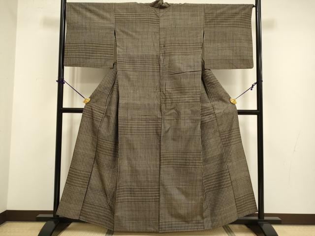 平和屋着物▽上質な紬　単衣　格子　正絹　逸品　DABF5701du