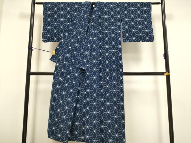 平和屋着物▽久留米絣　単衣　麻の葉文様　綿　逸品　DABF5710du