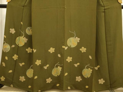 平和屋着物▽訪問着　単衣　駒刺繍　鈴　舞桜　兎　正絹　逸品　DABF5715du