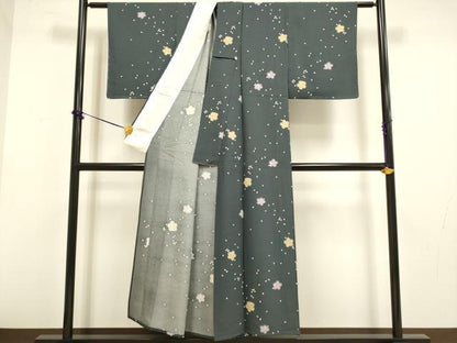 平和屋着物▽上質な小紋　単衣　舞桜文　正絹　逸品　DABF5716du