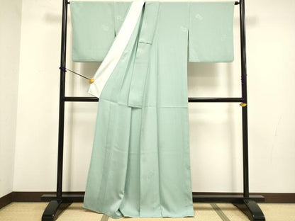 平和屋着物▽色無地　単衣　花車文　錆青磁色　洗える着物　DABF5726du