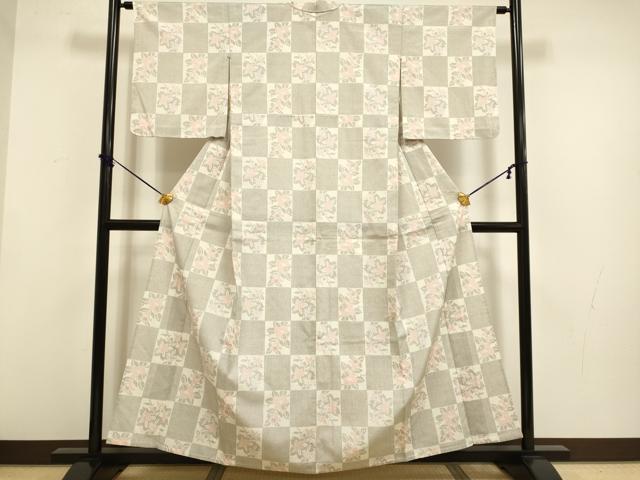平和屋着物▽本塩沢　単衣　市松花文　正絹　逸品　DABF5734du