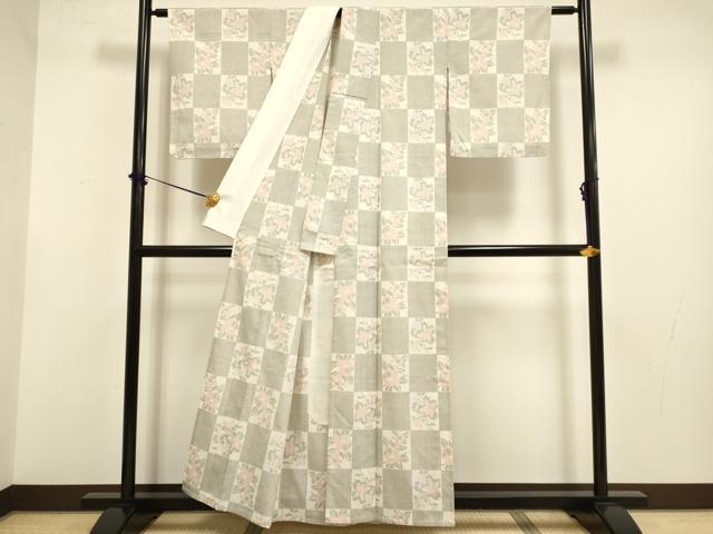 平和屋着物▽本塩沢　単衣　市松花文　正絹　逸品　DABF5734du