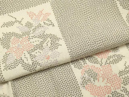 平和屋着物▽本塩沢　単衣　市松花文　正絹　逸品　DABF5734du