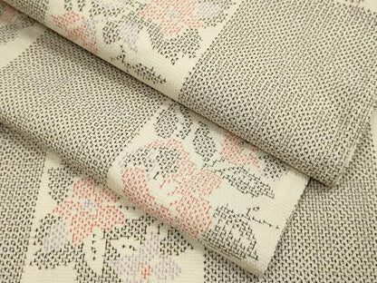 平和屋着物▽本塩沢　単衣　市松花文　正絹　逸品　DABF5734du