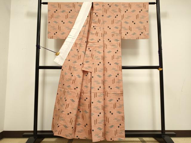 平和屋着物▽上質な紬　単衣　琉球絣文様　正絹　逸品　DABF5738du