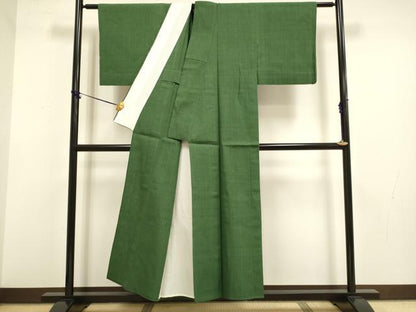平和屋着物▽上質な紬　単衣　色無地　濃い老竹色　正絹　逸品　DAAQ4551du