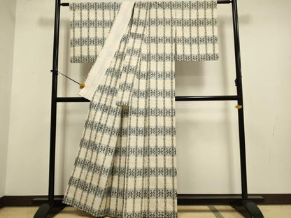 平和屋着物▽上質な紬　単衣　花格子　正絹　逸品　DABF5742du