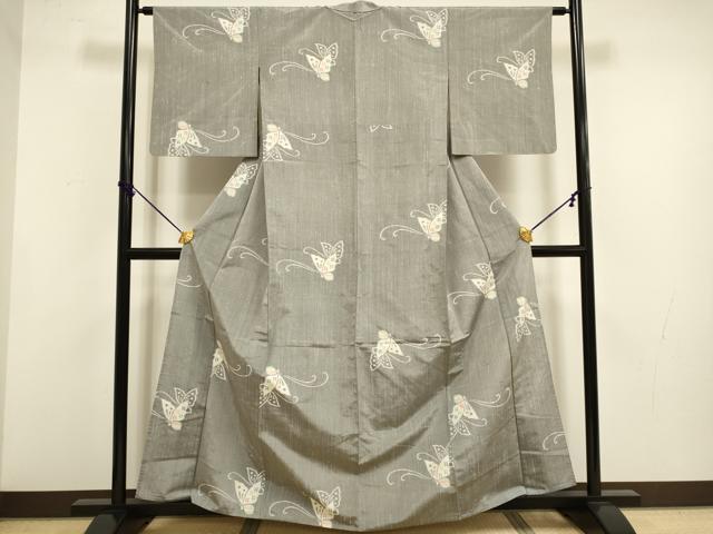 平和屋着物▽上質な紬 　単衣　 舞蝶文　正絹　逸品　未使用　DABF5745du