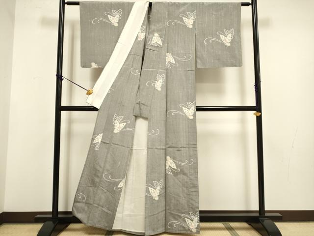 平和屋着物▽上質な紬 　単衣　 舞蝶文　正絹　逸品　未使用　DABF5745du
