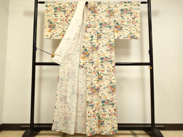 平和屋着物▽上質な小紋　単衣　風景花文　正絹　逸品　未使用　DABF5752du