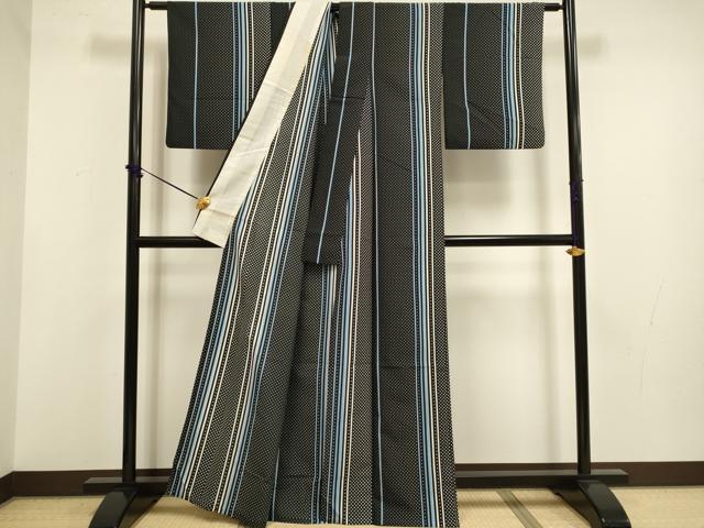 平和屋着物▽小紋　単衣　間道　黒地　洗える着物　DABF5758du