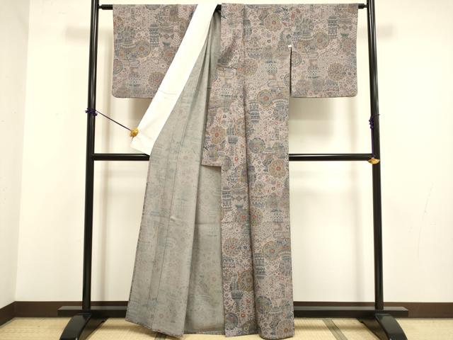 平和屋着物▽小紋　単衣　陶器花文　洗える着物　DABF5768du