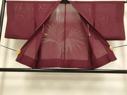 平和屋着物▽羽織　スリーシーズン　春夏秋　塵除け　草葉文　バーガンディー色　正絹　逸品　DABF5781du