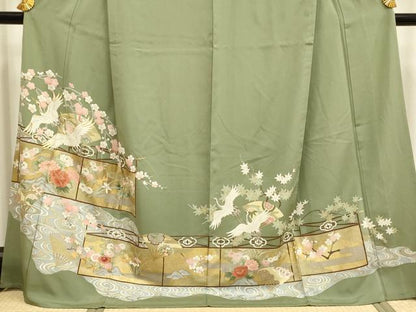 平和屋着物▽豪華色留袖　単衣　飛鶴扇吉祥花文　金彩　ロング丈　正絹　逸品　DABF5789du