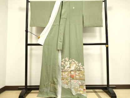 平和屋着物▽豪華色留袖　単衣　飛鶴扇吉祥花文　金彩　ロング丈　正絹　逸品　DABF5789du