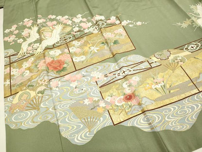 平和屋着物▽豪華色留袖　単衣　飛鶴扇吉祥花文　金彩　ロング丈　正絹　逸品　DABF5789du