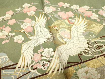 平和屋着物▽豪華色留袖　単衣　飛鶴扇吉祥花文　金彩　ロング丈　正絹　逸品　DABF5789du