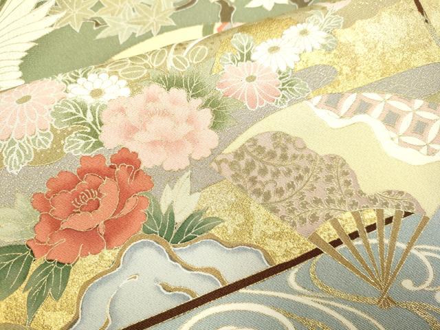 平和屋着物▽豪華色留袖　単衣　飛鶴扇吉祥花文　金彩　ロング丈　正絹　逸品　DABF5789du
