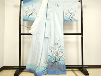 平和屋着物▽訪問着　単衣　手描き　枝梅に休み鳥　暈し染め　洗える着物　DABF5791du