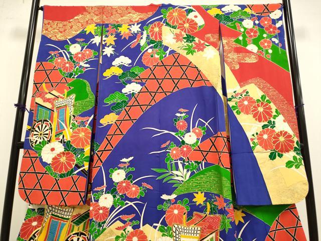 平和屋本店▼お引きずり・お引き摺り・引き振袖　和装　結婚式　舞妓　芸妓　芸者　衣装　駒刺繍　御所車花文　金彩　逸品　DABF5797du