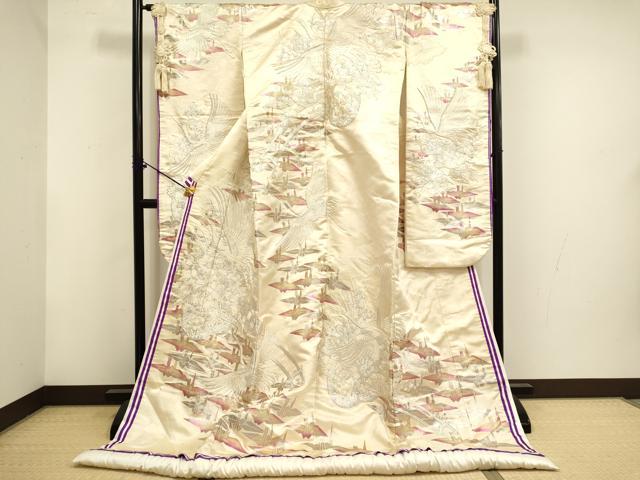 平和屋本店●色打掛 お引きずり 和装 婚礼 結婚式 花嫁 神社挙式 総刺繍 飛鶴花車文 折り鶴 銀彩 ラインストーン 十二単風 逸品 DABF5819du