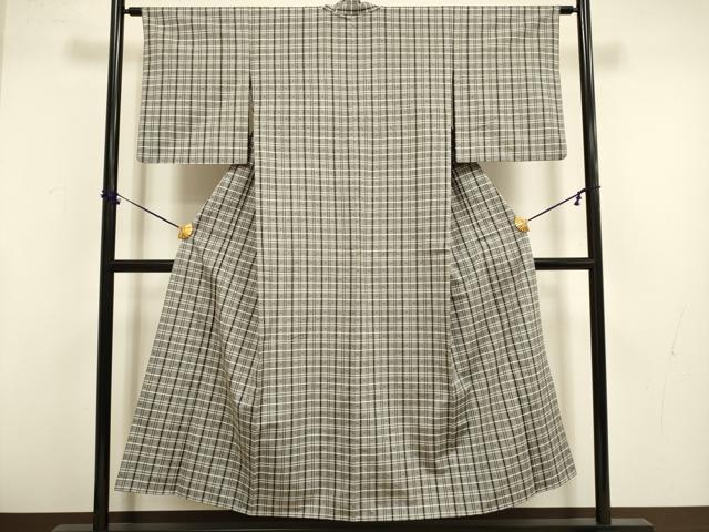 平和屋着物▽上質な紬 単衣 花織 格子 正絹 逸品 DABF5847du