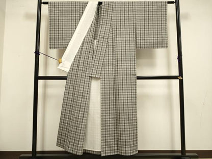 平和屋着物▽上質な紬 単衣 花織 格子 正絹 逸品 DABF5847du